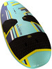 Hellblaues Surfbrett mit schwarzen Griffpads und buntem Design.