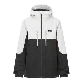 Weiße und schwarze Skijacke für Herren mit Picture Organic Clothing Logo.