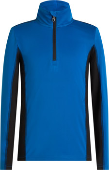 Blaues Sweatshirt mit schwarzen Seitenteilen und Reißverschluss am Kragen.