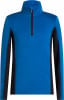 Blaues Sweatshirt mit schwarzen Seitenteilen und Reißverschluss am Kragen.