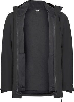 Schwarze Jacke mit Fleece-Innenfutter und offenem Reißverschluss, mit Jack Wolfskin-Logo am Kragen. Schwarze Jacke mit Fleece-Innenfutter und offenem Reißverschluss, mit Jack Wolfskin-Logo am Kragen.
