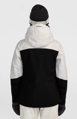 Rückansicht einer Damen-Winterjacke von O'Neill in Schwarz und Weiß mit Aufdruck.