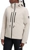 Damen-Beige-Jacke mit schwarzen Reißverschlüssen und Logo auf dem Ärmel.