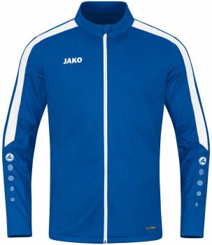 Eine blaue Jacke mit weißen Streifen an den Ärmeln und JAKO-Logo.