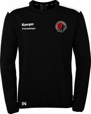 Schwarzer Pullover mit weißen Streifen an den Schultern und Vereinslogo.