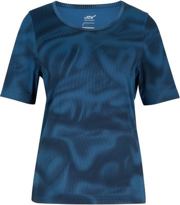 Damen-T-Shirt mit kurzen Ärmeln und blau-schwarzem Streifenmuster. Damen-T-Shirt mit kurzen Ärmeln und blau-schwarzem Streifenmuster.