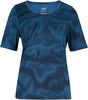Damen-T-Shirt mit kurzen Ärmeln und blau-schwarzem Streifenmuster.
