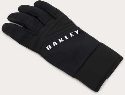 Schwarze Oakley-Handschuhe mit Markenlogo und texturiertem Griff. Schwarze Oakley-Handschuhe mit Markenlogo und texturiertem Griff.
