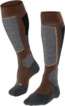 Braune und graue hohe Socken mit verschiedenen Mustern und schwarzem Bereich.