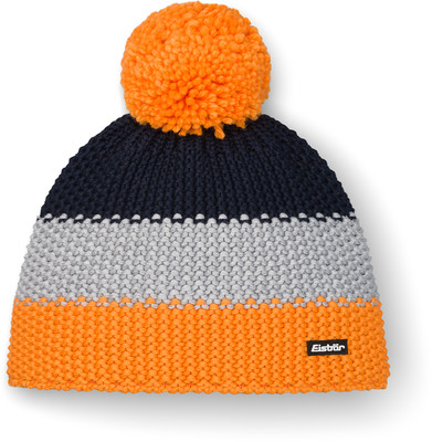 Gestrickte Bommelmütze in Dunkelblau, Grau und Orange.