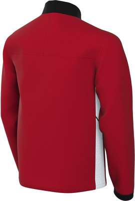 Rückansicht einer roten Jacke mit schwarzem Kragen und weißem Seitenteil.