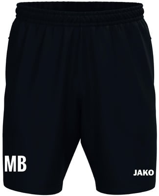 Schwarze Shorts mit weißem JAKO-Logo und Initialen MB.