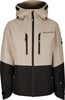 Beige Jacke mit schwarzem Unterteil und Active Rebel Logo.