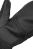 Detail einer schwarzen Lederhandschuh mit Nähten und Textilteilen.