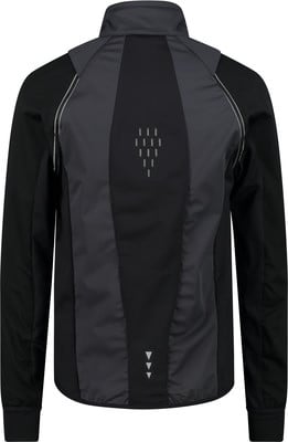 Rückseite einer schwarzen Jacke mit dunkelgrauen Einsätzen und Reflektoren. Rückseite einer schwarzen Jacke mit dunkelgrauen Einsätzen und Reflektoren.
