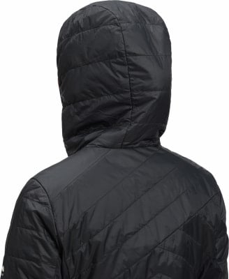 Rückansicht einer schwarzen gesteppten Kapuzenjacke. Rückansicht einer schwarzen gesteppten Kapuzenjacke.