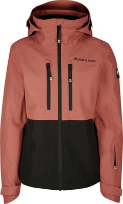 Damen-Skijacke in Rosa mit schwarzem Unterteil und ACTIVE REBEL Logo. Damen-Skijacke in Rosa mit schwarzem Unterteil und ACTIVE REBEL Logo.