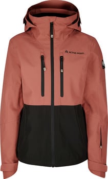 Damen-Skijacke in Rosa mit schwarzem Unterteil und ACTIVE REBEL Logo.