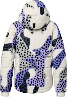 Rückseite einer Damenjacke mit lila und grauem Tarnmuster. Rückseite einer Damenjacke mit lila und grauem Tarnmuster.