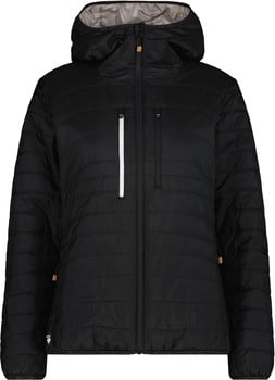 Schwarze Steppjacke mit Kapuze und weißem Reißverschlussstreifen.