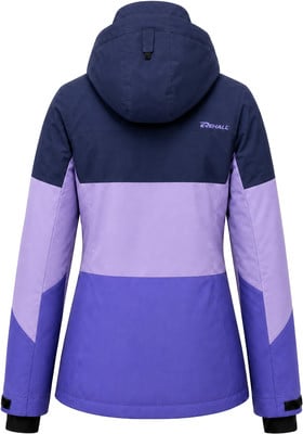 Rückansicht einer dunkelblauen Jacke mit lila und hellvioletten Einsätzen. Rückansicht einer dunkelblauen Jacke mit lila und hellvioletten Einsätzen.