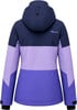 Rückansicht einer dunkelblauen Jacke mit lila und hellvioletten Einsätzen.