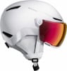 Weißer Skihelm mit integrierter roter Skibrille und Atomic-Logo.