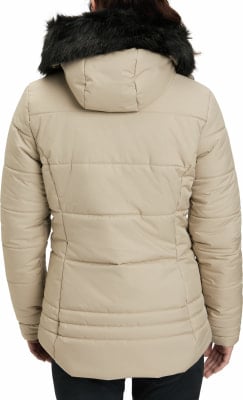 Damen-Beige-Jacke mit Kapuze und schwarzem Pelzbesatz.
