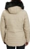 Damen-Beige-Jacke mit Kapuze und schwarzem Pelzbesatz.