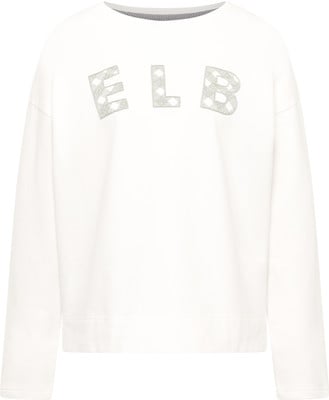 Weißer Pullover mit dem Aufdruck ELB, verziert mit kleinen Mustern. Weißer Pullover mit dem Aufdruck ELB, verziert mit kleinen Mustern.