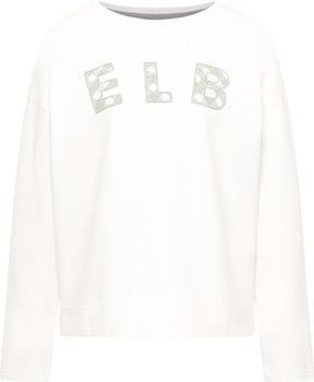 Weißer Pullover mit dem Aufdruck ELB, verziert mit kleinen Mustern.