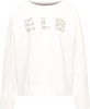 Weißer Pullover mit dem Aufdruck ELB, verziert mit kleinen Mustern.