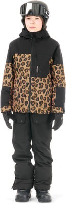 Mädchen in Skikleidung mit Leopardenmuster, schwarzer Jacke und Hose. Mädchen in Skikleidung mit Leopardenmuster, schwarzer Jacke und Hose.