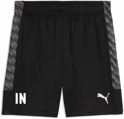 Schwarze Shorts mit weißem Puma-Logo und grauem Muster an den Seiten.