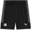 Schwarze Shorts mit weißem Puma-Logo und grauem Muster an den Seiten.