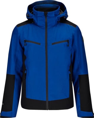 Blaue Herren-Skijacke mit schwarzen Akzenten und Kapuze.
