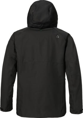 Schwarze Herrenjacke mit Kapuze und Logo auf dem Rücken. Schwarze Herrenjacke mit Kapuze und Logo auf dem Rücken.