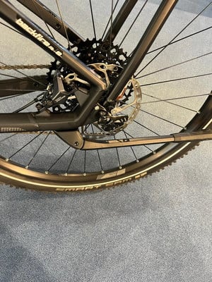 Hinterrad eines Mountainbikes mit Scheibenbremse und Kassette. Hinterrad eines Mountainbikes mit Scheibenbremse und Kassette.