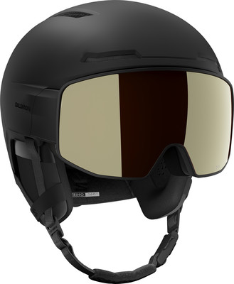 Schwarzer Salomon Skihelm mit integrierter goldener Skibrille. Schwarzer Salomon Skihelm mit integrierter goldener Skibrille.