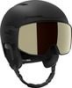 Schwarzer Salomon Skihelm mit integrierter goldener Skibrille.