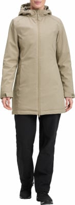 Damen-Beige-Jacke mit Kapuze und schwarzer Hose. Damen-Beige-Jacke mit Kapuze und schwarzer Hose.