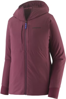 Dunkelrosa Kapuzenjacke mit Patagonia-Logo auf der Brust. Dunkelrosa Kapuzenjacke mit Patagonia-Logo auf der Brust.