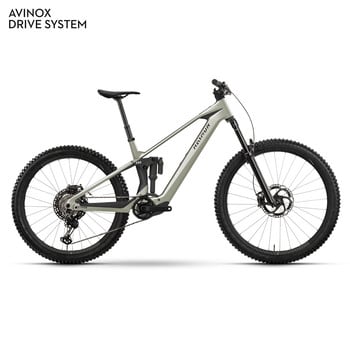 Ein Mountain-E-Bike mit Dämpfer und Federgabel in neutraler Farbe.