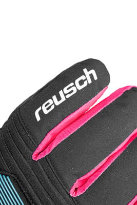 Schwarzer Handschuh mit weißem Reusch-Logo und rosa Details. Schwarzer Handschuh mit weißem Reusch-Logo und rosa Details.