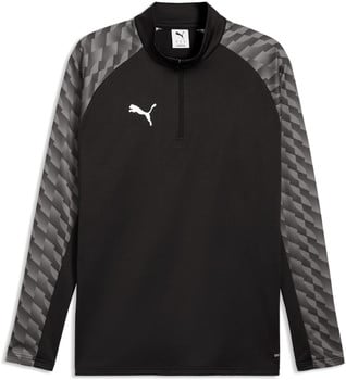 Schwarzes Puma Langarmshirt mit grauem geometrischem Muster auf den Ärmeln.