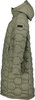 Grüne gesteppte Jacke mit Kapuze und Logo auf dem Ärmel.