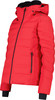 Rote Steppjacke mit schwarzem Futter und Kapuze.