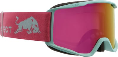 Skibrille mit pinkem Band und Bullenlogo auf hellblauem Rahmen. Skibrille mit pinkem Band und Bullenlogo auf hellblauem Rahmen.