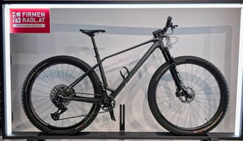 Schwarzes Mountainbike mit Federung und Logo auf dem Rahmen.