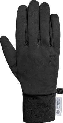 Schwarze Handschuh mit Logo, Schnalle und Windstopper-Aufschrift. Schwarze Handschuh mit Logo, Schnalle und Windstopper-Aufschrift.